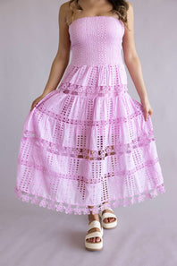 Eyelet Lace Strapless Midi Dress for Women in Mellow Mauve