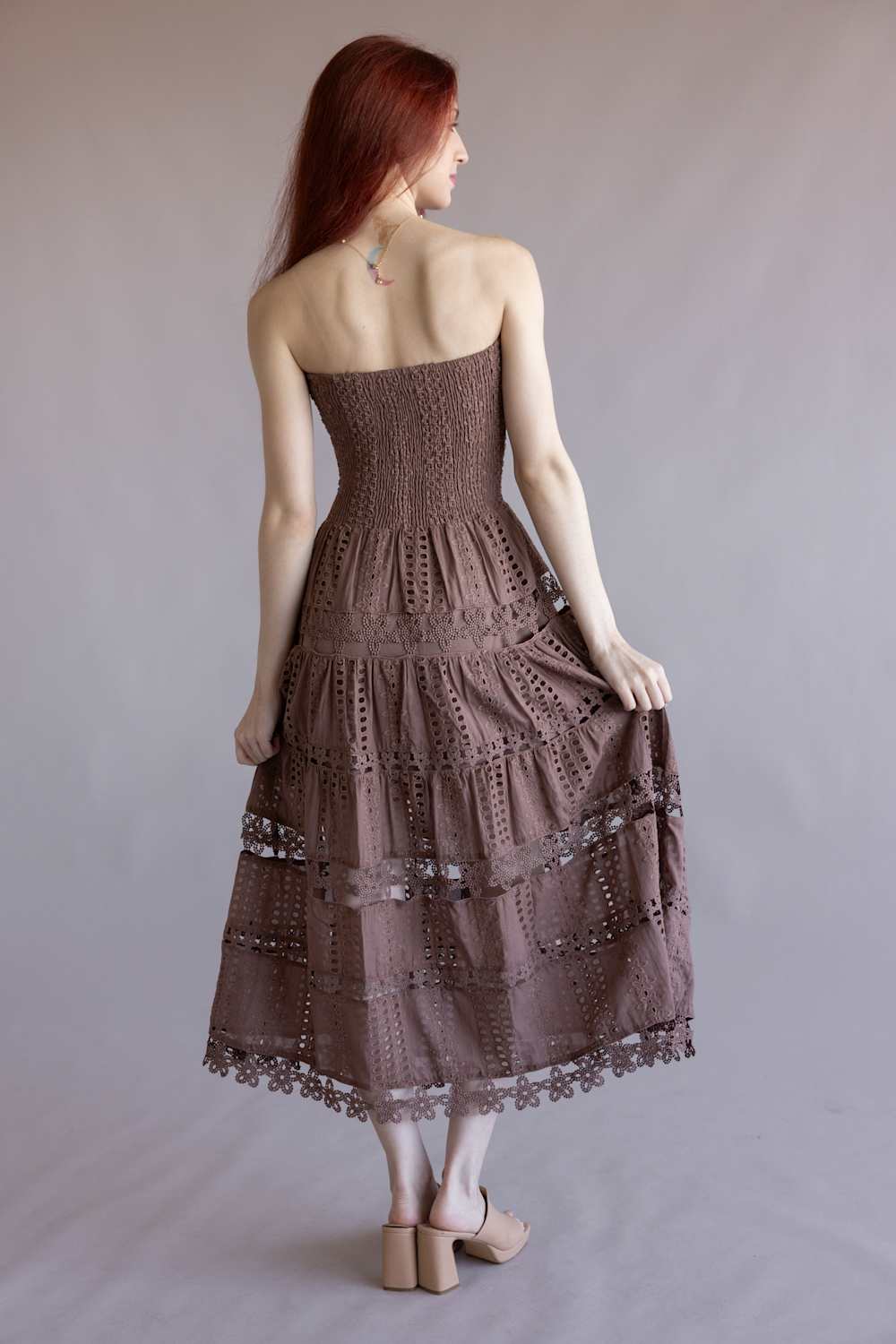 Eyelet Lace Strapless Midi Dress for Women in Nutmeg