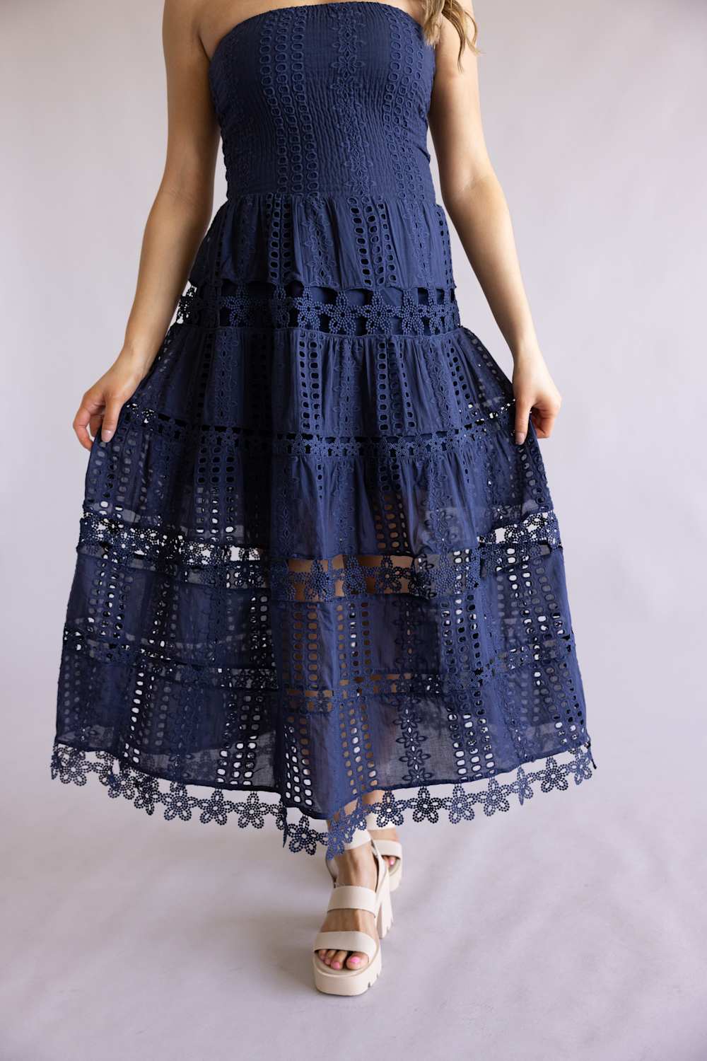 Eyelet Lace Strapless Midi Dress for Women in Navy