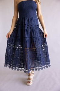 Eyelet Lace Strapless Midi Dress for Women in Navy