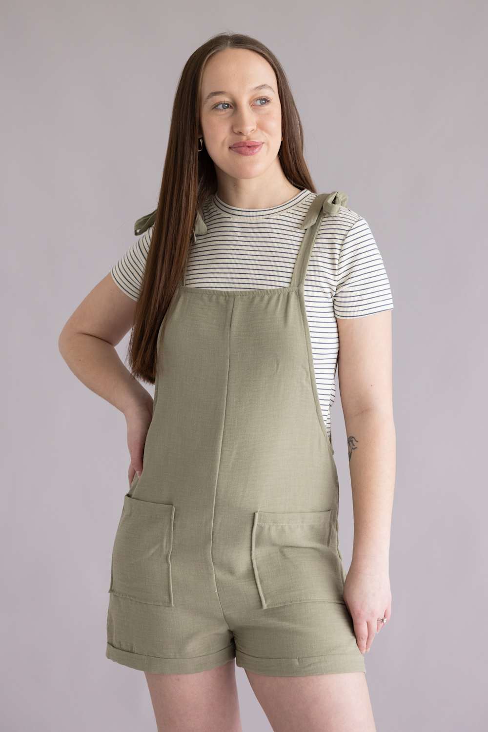 Moa Moa Linen Tie Strap Romper for Women in Green