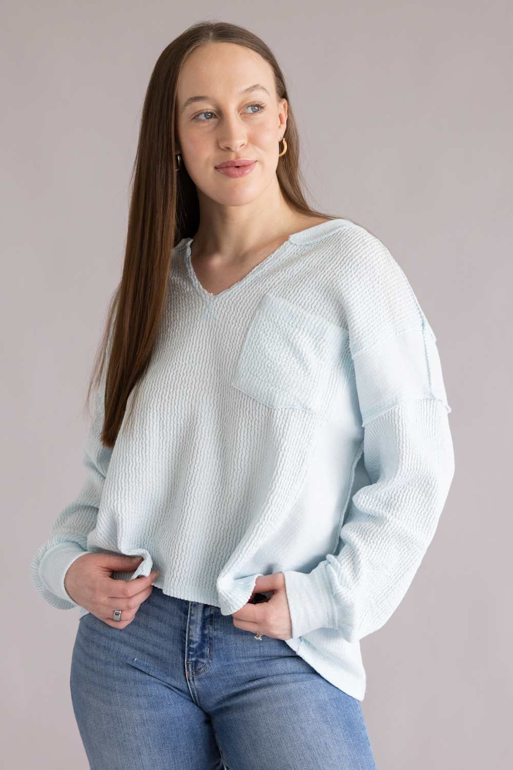  Notched V-Neck Knit Top for Women in Baby Blue 