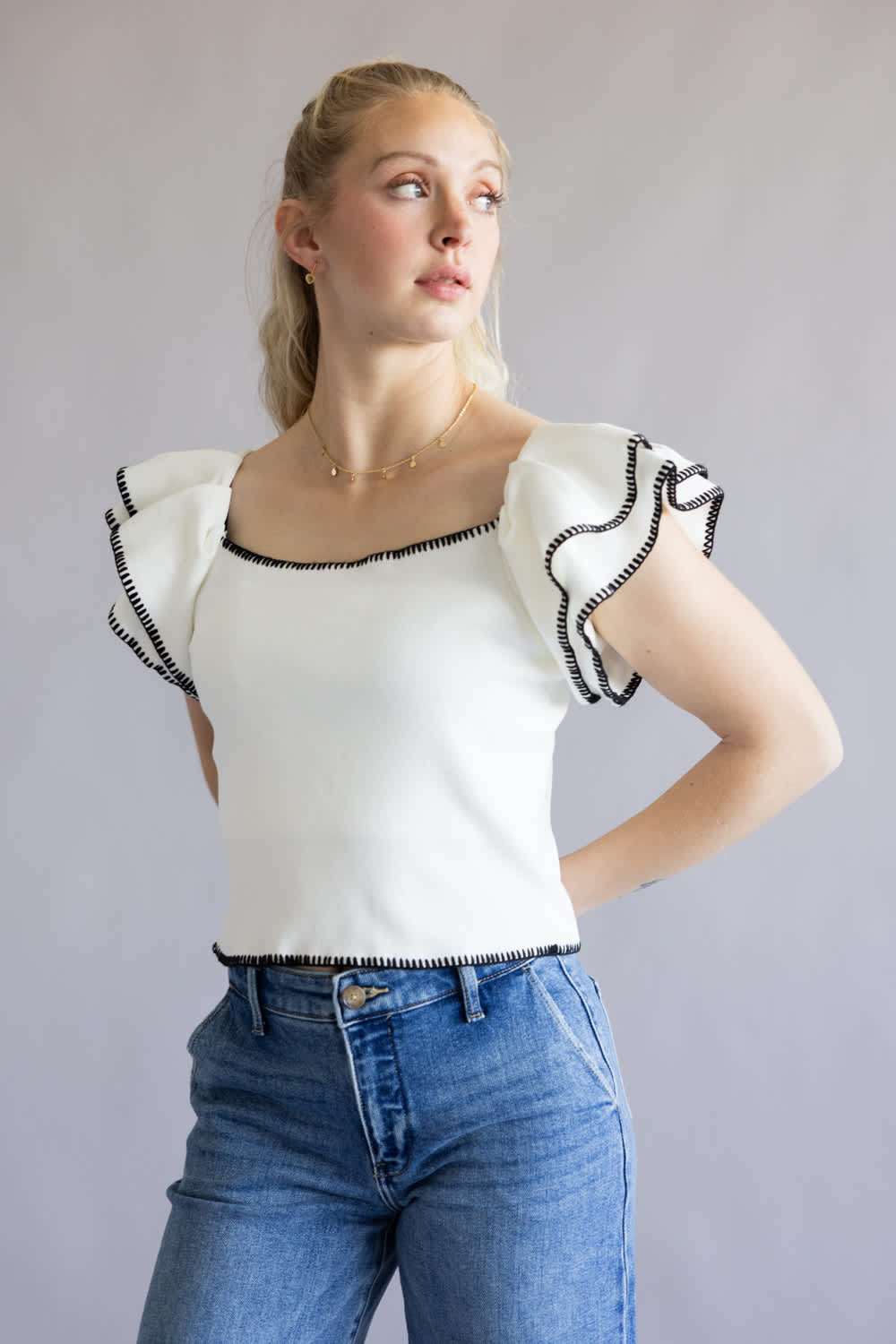Embroidered Ruffle Sleeve Top for Women in White