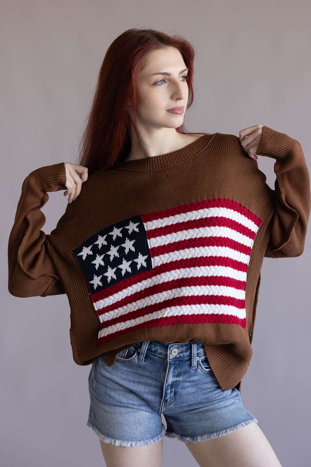 Miracle Knit American Flag Sweater for Women in Camel