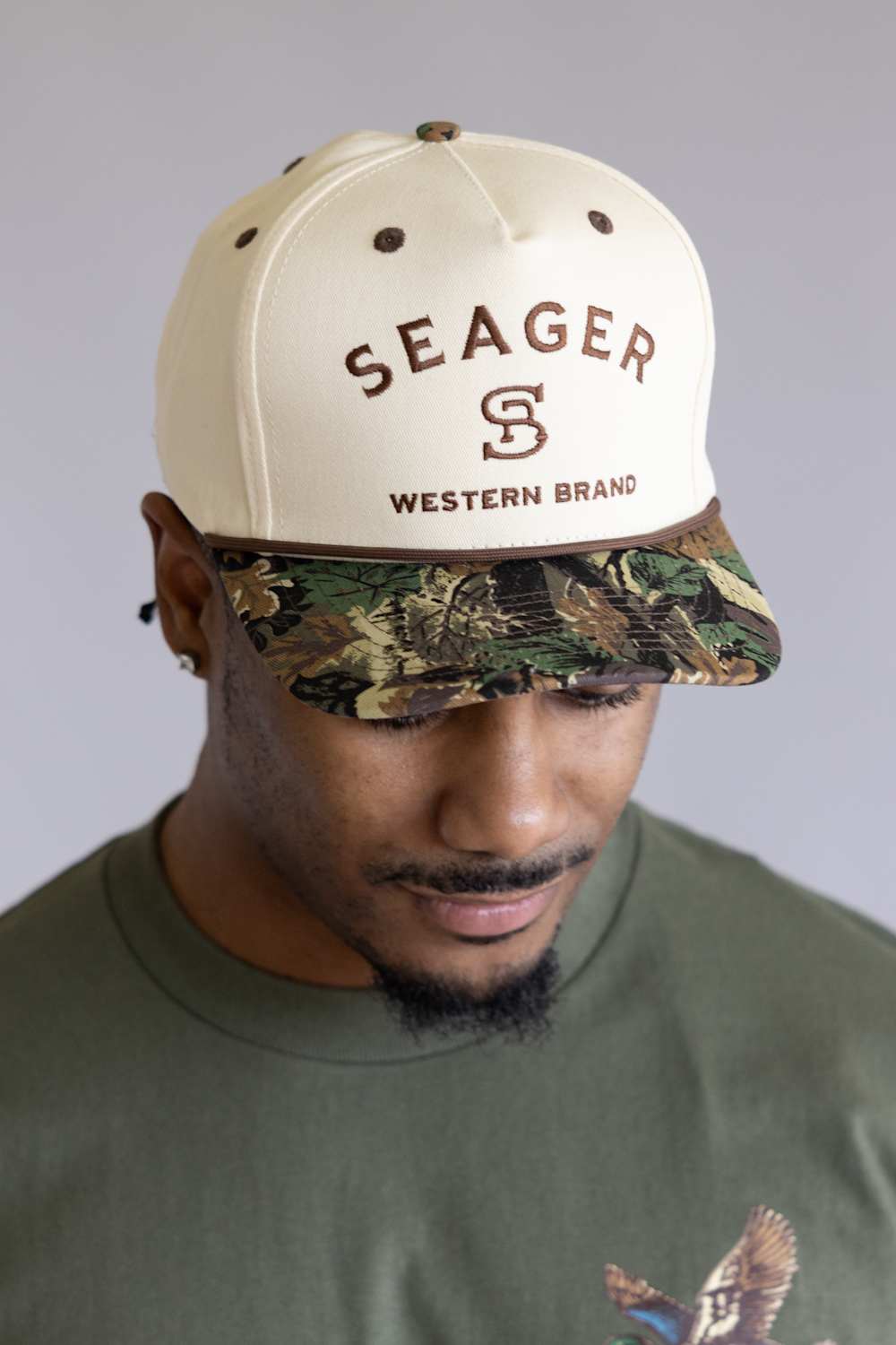 Seager Branded Camo Snapback Hat for Men in Cream