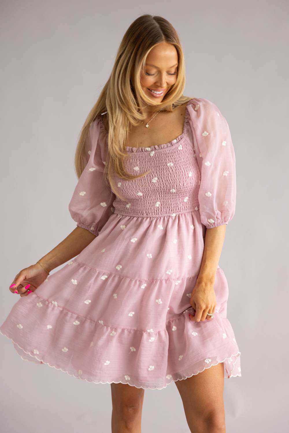 Smocked Polka Dot Short Dress for Women in Lilac at Glik's , M Smocked Polka Dot Short Dress for Women in Lilac at Glik's , M