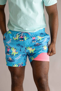 Party Pants Bussin’ Happy Hour Swim Shorts for Men in Cyan