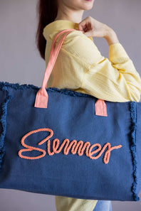 Summer Rope Canvas Tote Bag - Navy/Pink