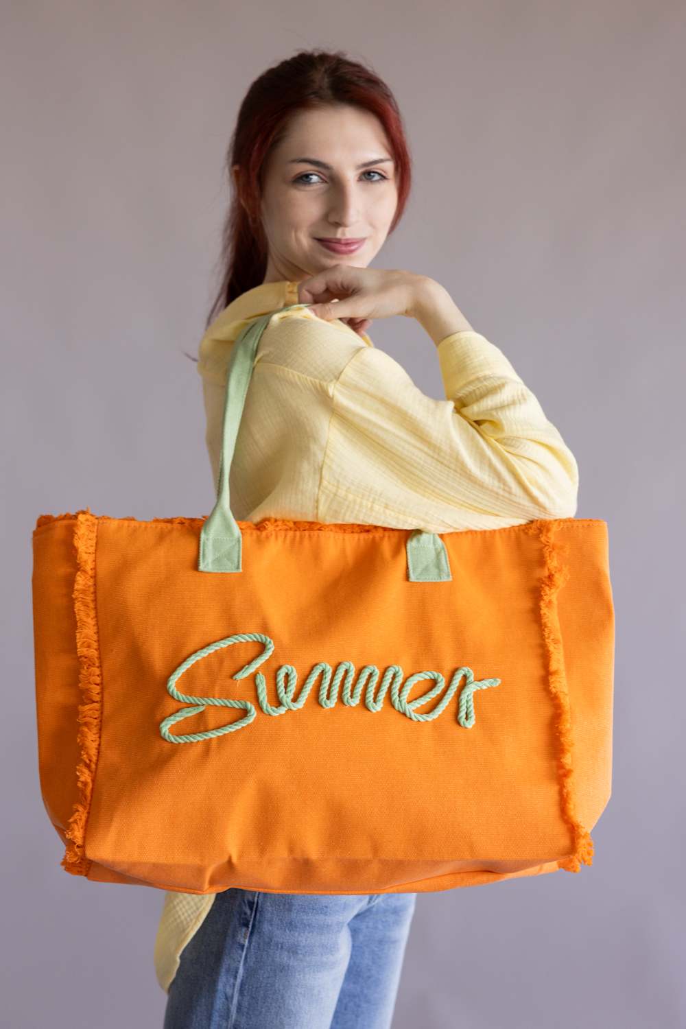 Summer Rope Canvas Tote Bag - Orange/Mint