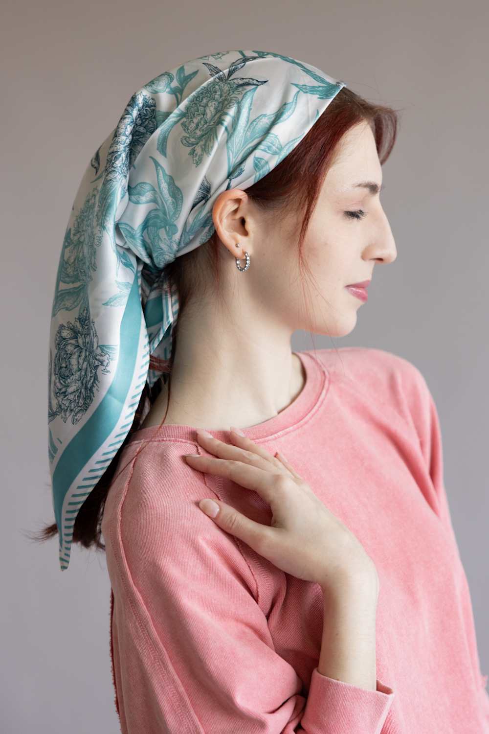 Floral Silk Scarf for Women in Turquoise/White