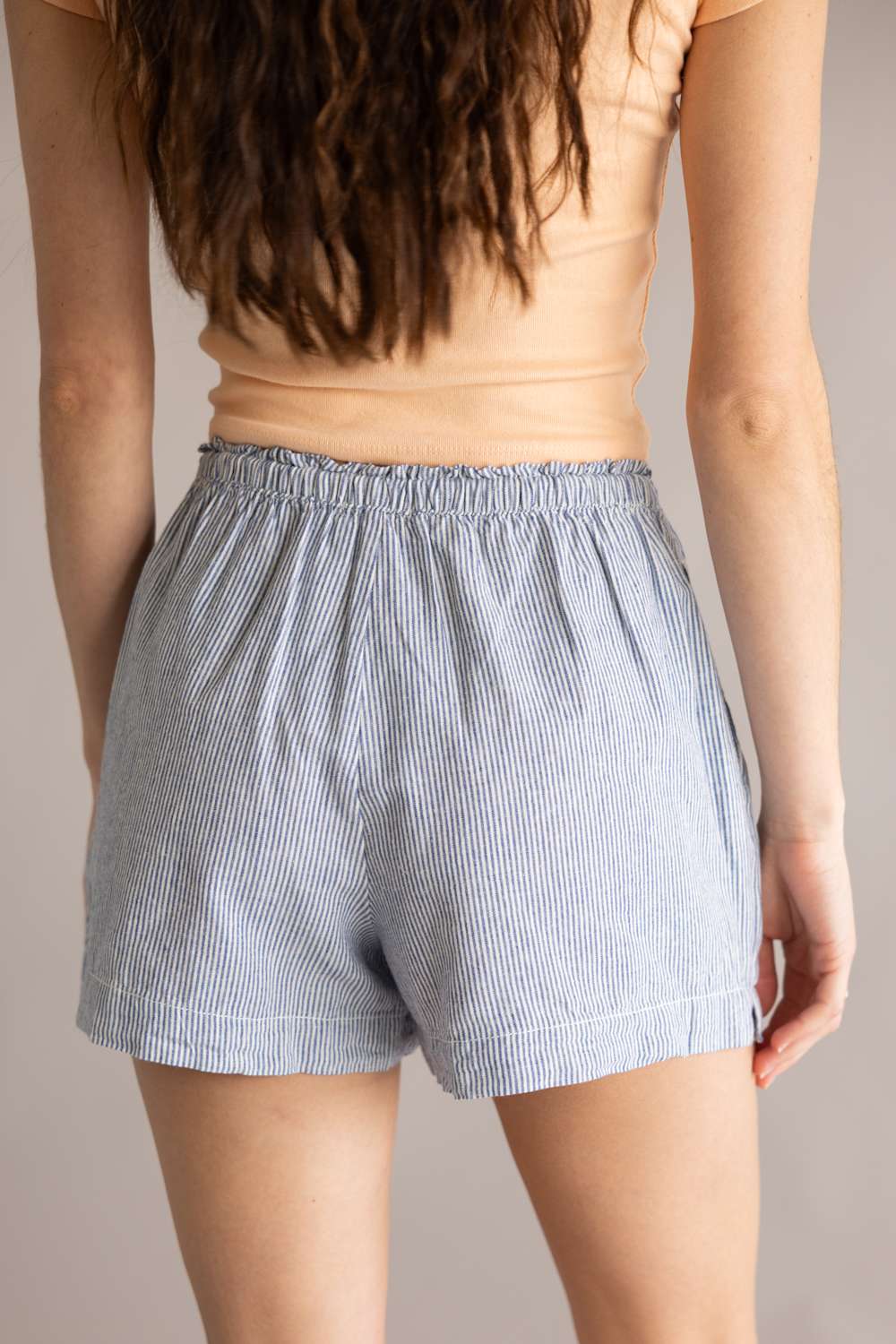 Pinstripe Drawstring Linen Shorts for Women in Indigo