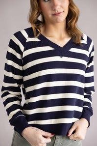 C&C California Delilah Striped V-Neck Pullover for Women in Navy/Off-White