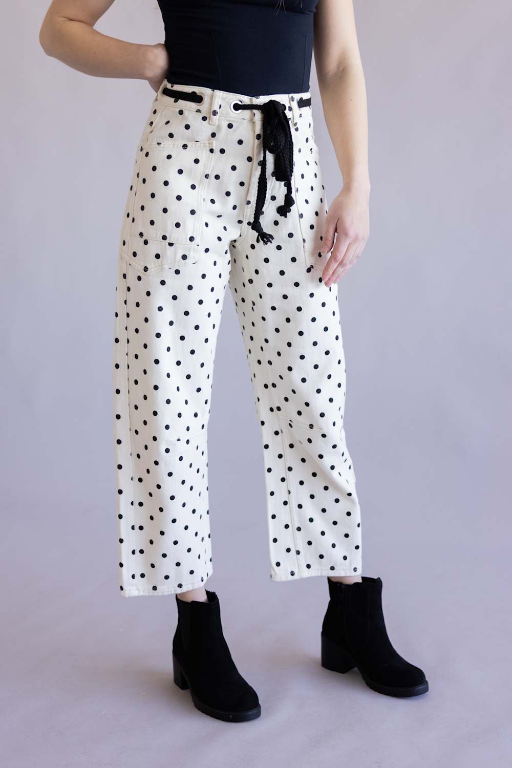 Aaron & Amber Drawstring Polka Dot Barrel Jeans for Women in Cream
