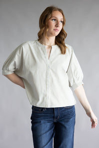 Pinstripe Split Neck Button Front Top for Women in Sage | AT8201-SAG