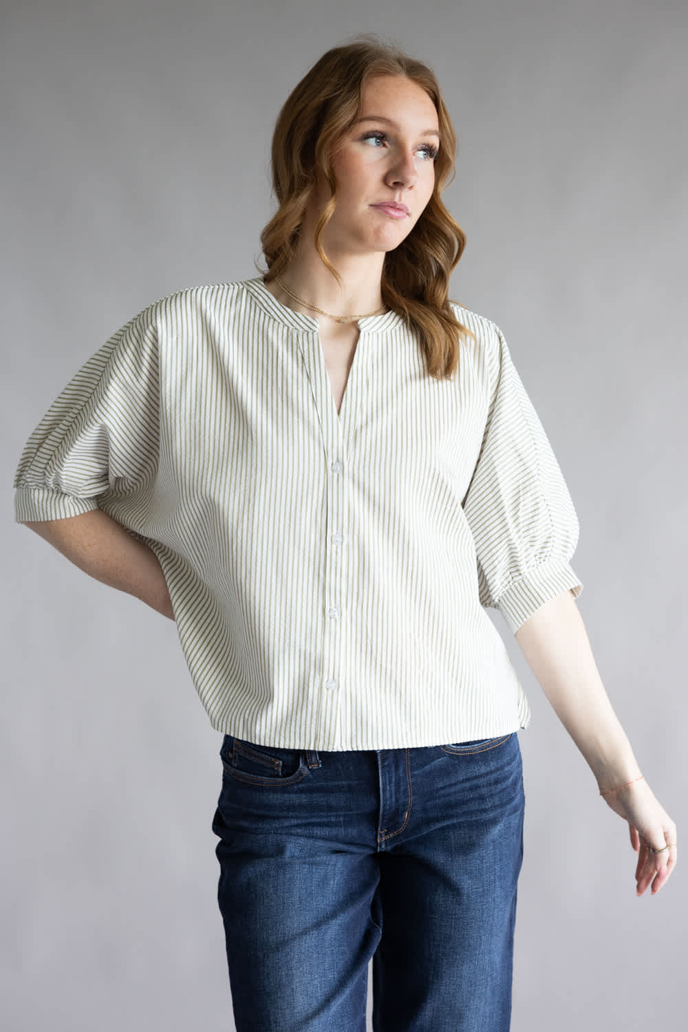 Pinstripe Split Neck Button Front Top for Women in Sage | AT8201-SAG