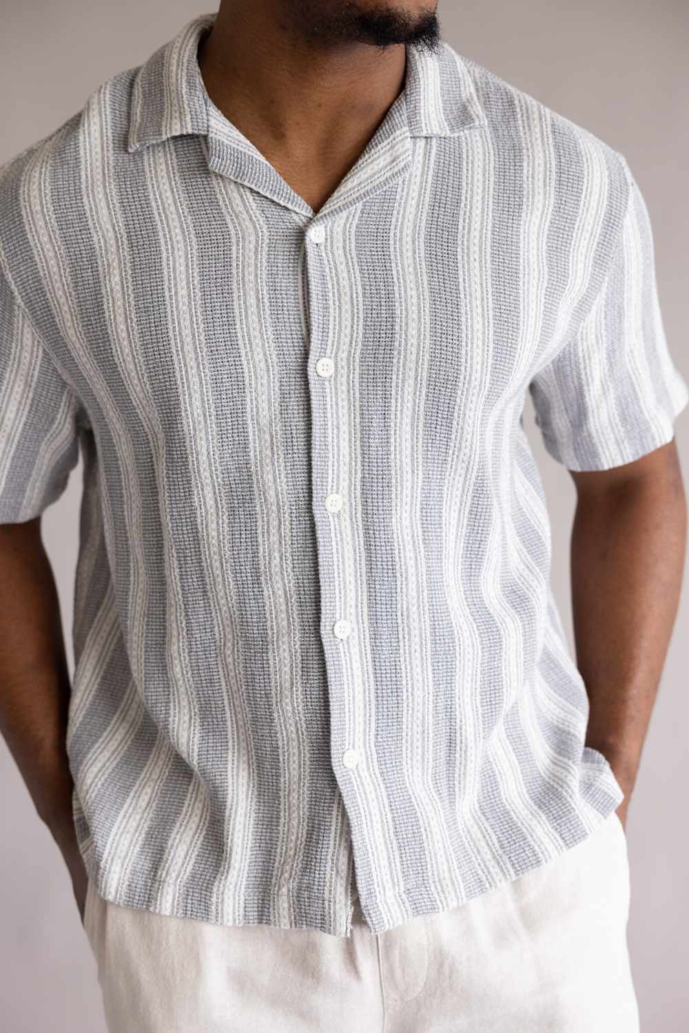 Denim & Flower Crochet Textured Button Up Shirt for Men in Grey/White