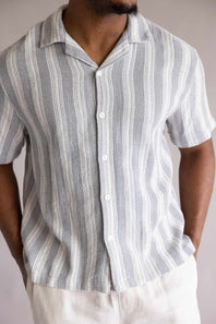 Denim & Flower Crochet Textured Button Up Shirt for Men in Grey/White