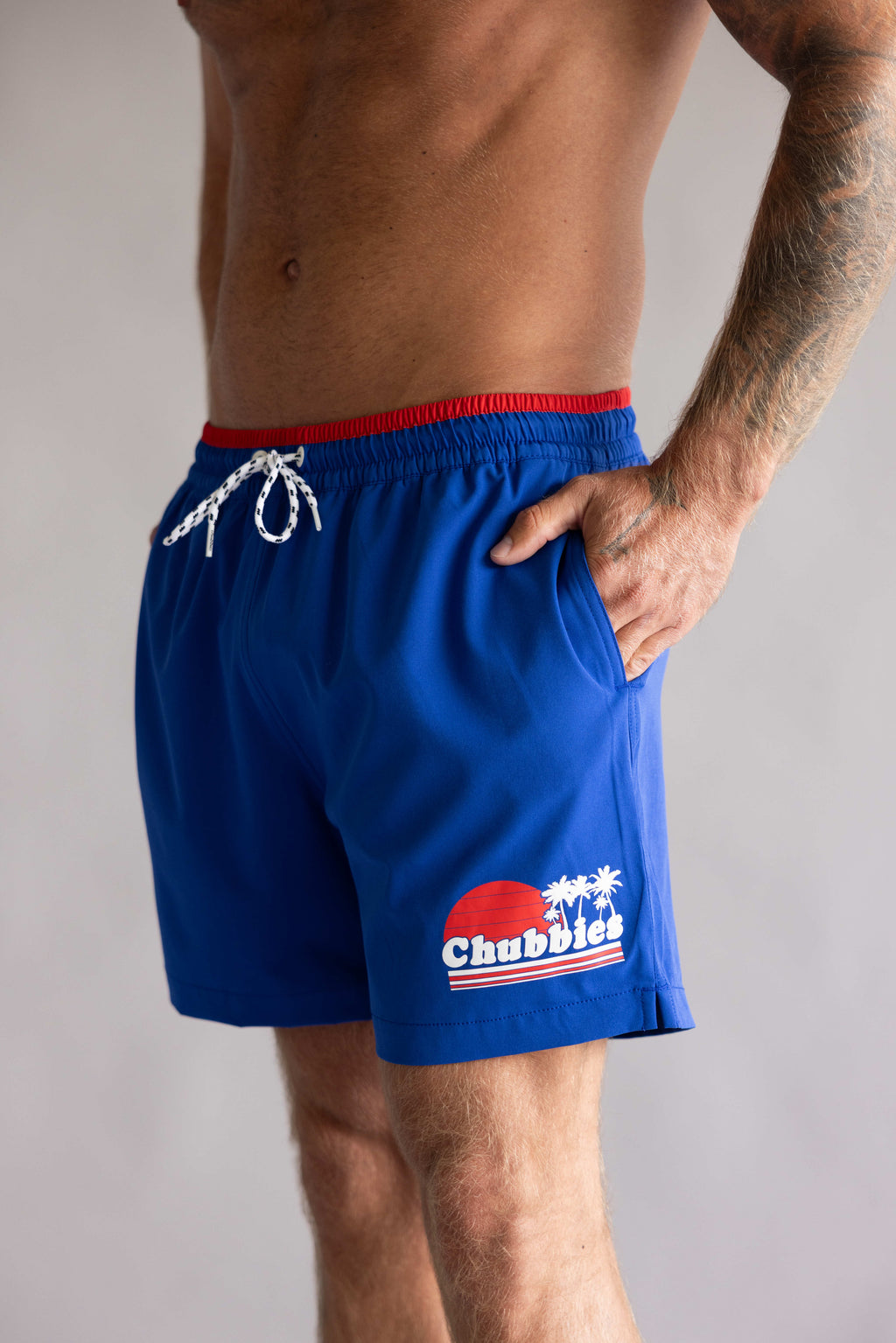 Chubbies Classic Ol’ College Try 5.5” Swim Trunks for Men in Bright Blue