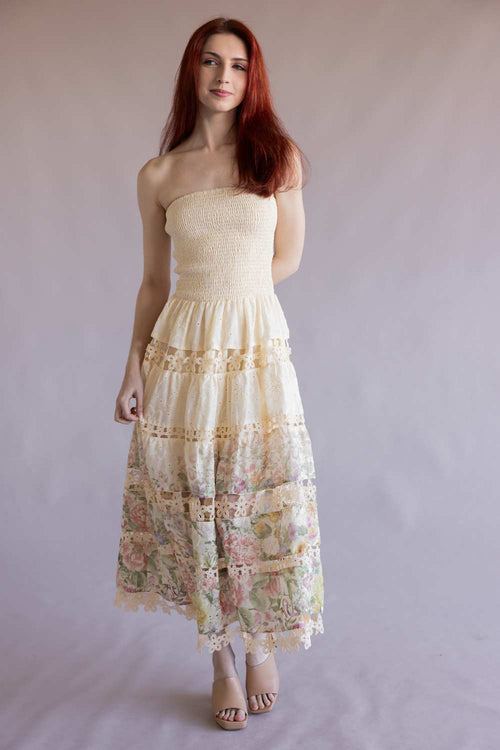 cream eyelet dress Strut & Bolt Floral Strapless Midi for Women in Cream/Multi at Glik's , L Do not tumble dry Size:2-4yr Top Quince Long-Sleeve Beaded Illusion Wedding
