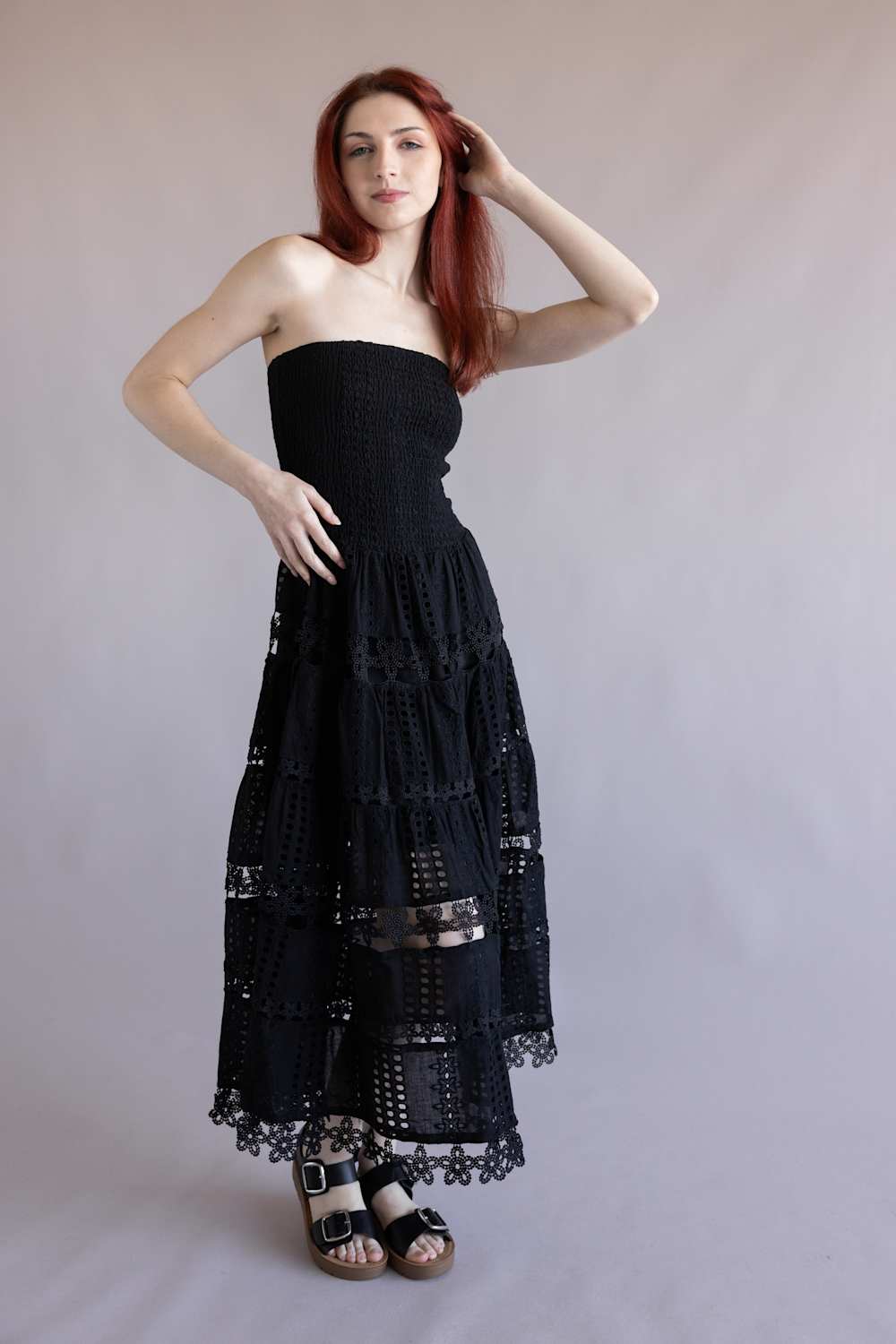 Eyelet Lace Strapless Midi Dress for Women in Black