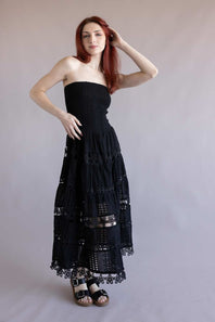 Eyelet Lace Strapless Midi Dress for Women in Black
