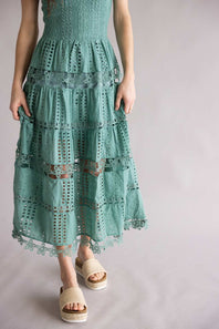 Eyelet Lace Strapless Midi Dress for Women in Beryl Green