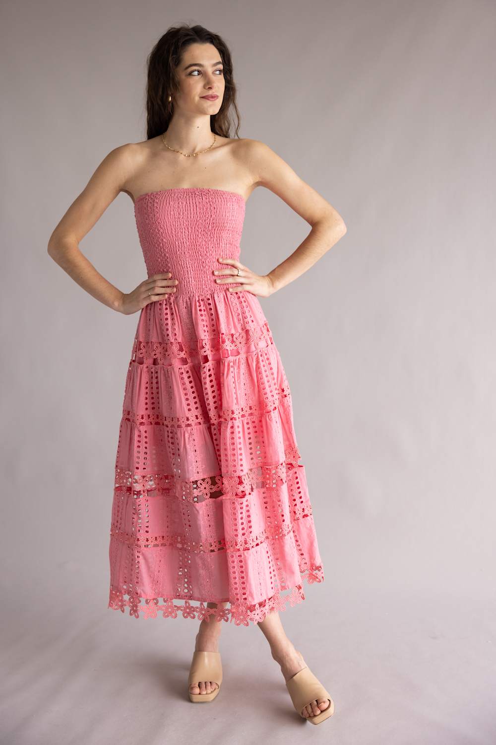 Eyelet Lace Strapless Midi Dress for Women in Confetti Pink