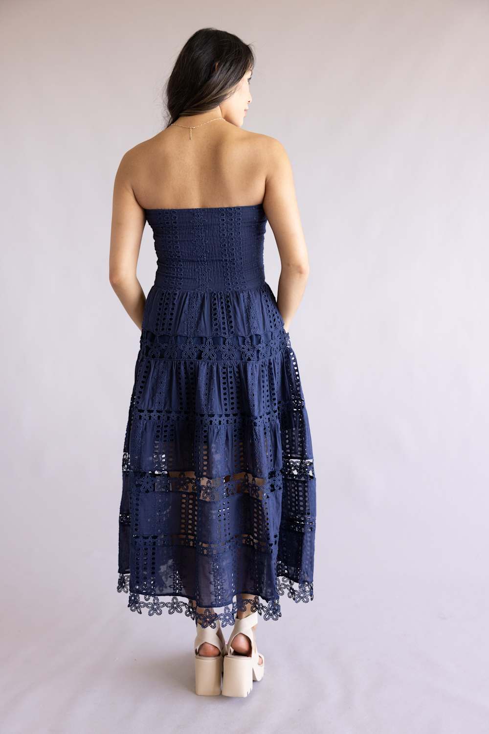Eyelet Lace Strapless Midi Dress for Women in Navy