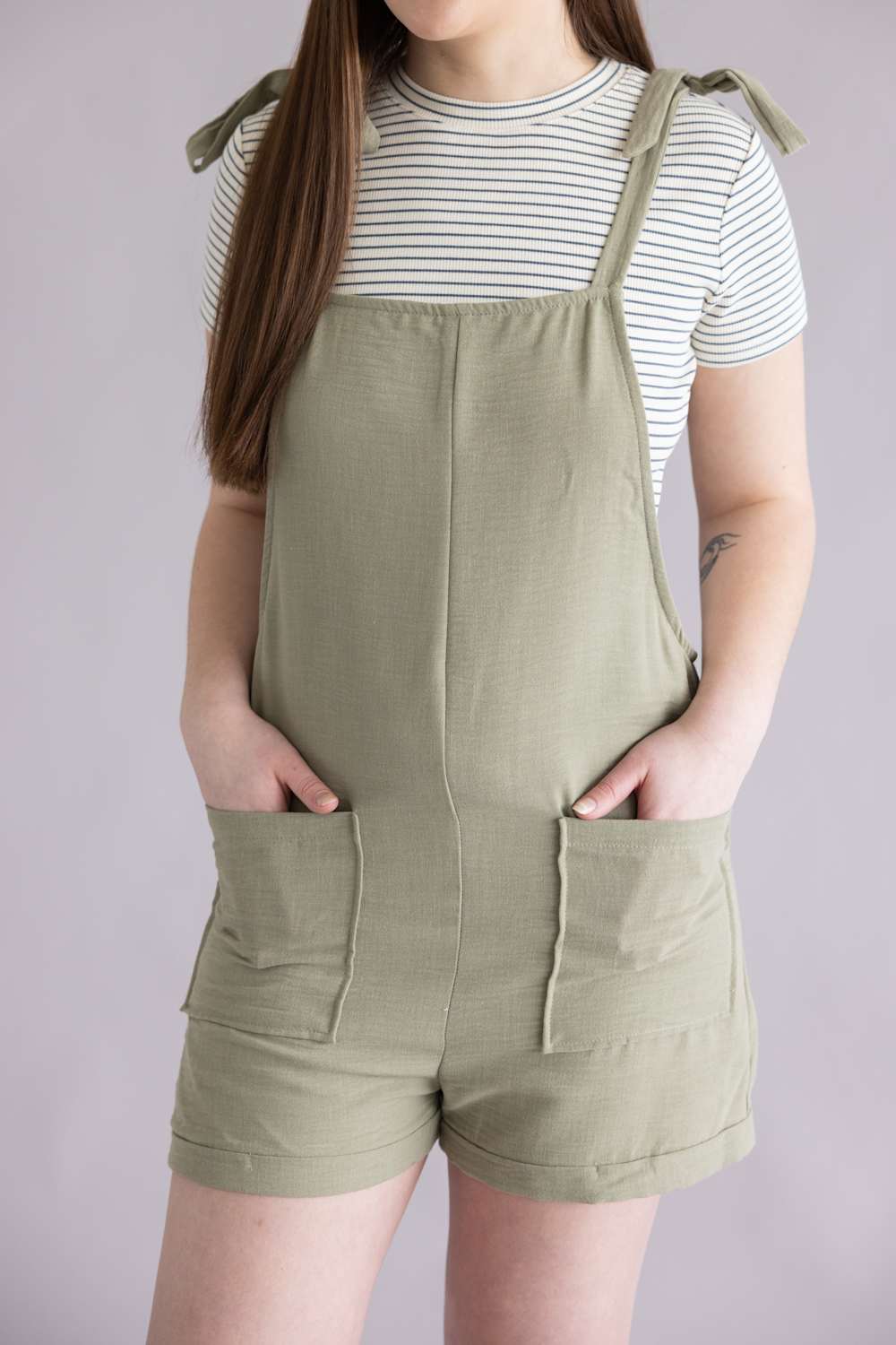 Moa Moa Linen Tie Strap Romper for Women in Green