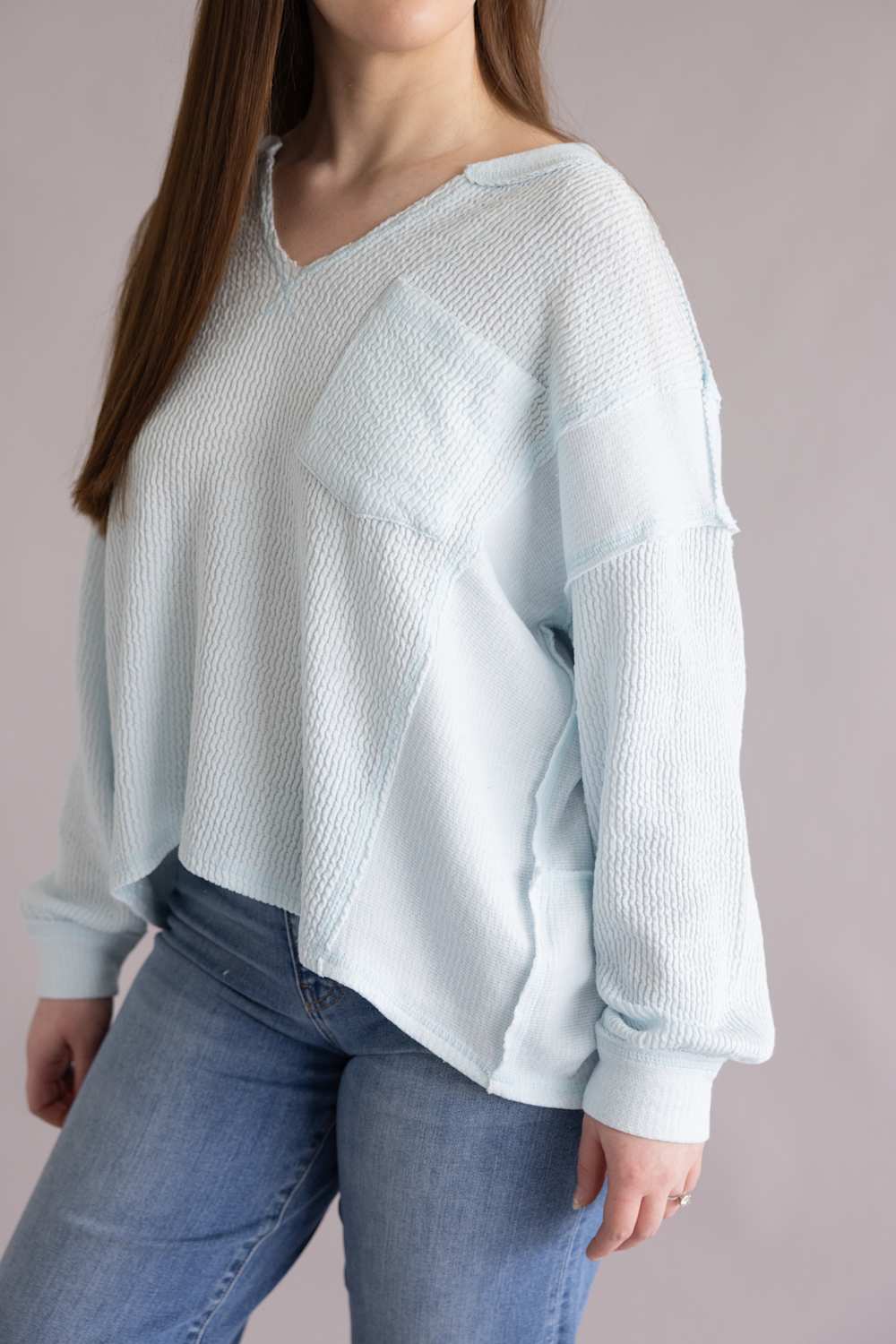  Notched V-Neck Knit Top for Women in Baby Blue 