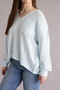  Notched V-Neck Knit Top for Women in Baby Blue 