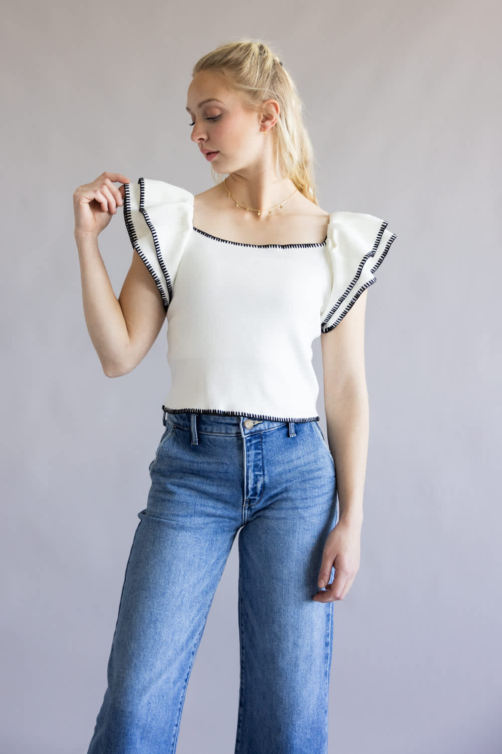 Embroidered Ruffle Sleeve Top for Women in White