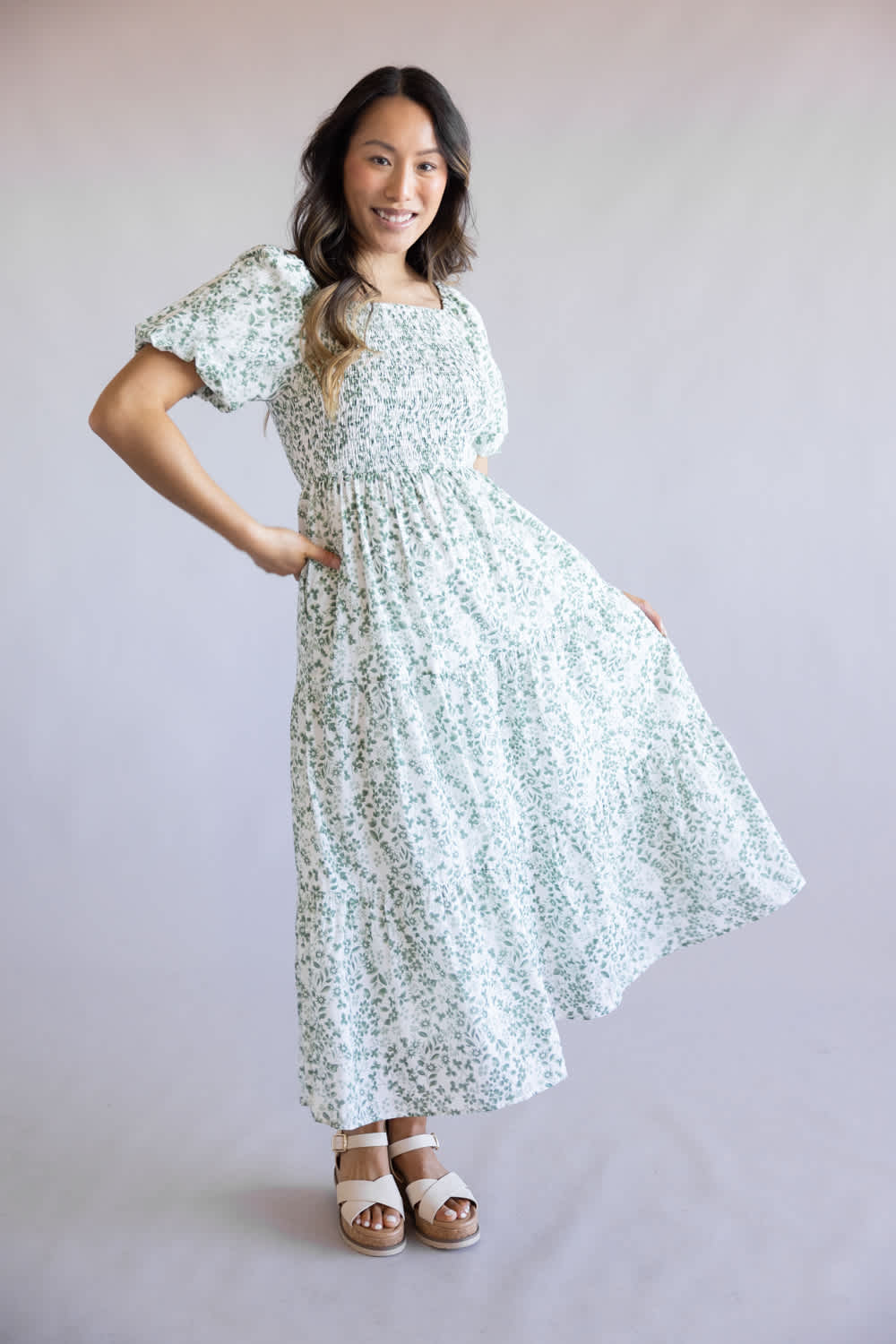 Smocked Floral Maxi Dress for Women in Ivory/Green | LD646L-IRYGRN