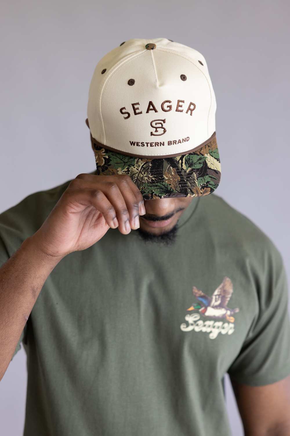 Seager Branded Camo Snapback Hat for Men in Cream