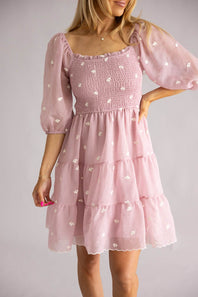 Smocked Polka Dot Bodice Dress for Women in Lilac
