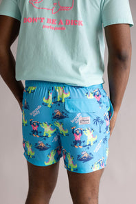 Party Pants Bussin’ Happy Hour Swim Shorts for Men in Cyan