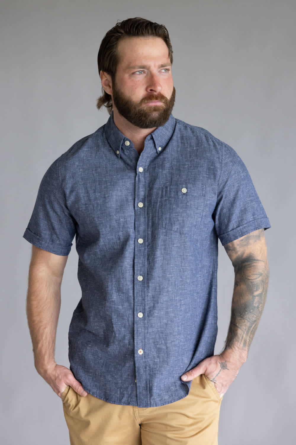 Weatherproof Vintage Cotton Linen Solid Button Up Shirt for Men in Naval Academy