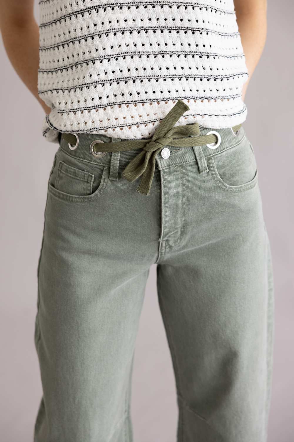 Vervet Drawstring High Rise Wide Barrel Jeans for Women in Green