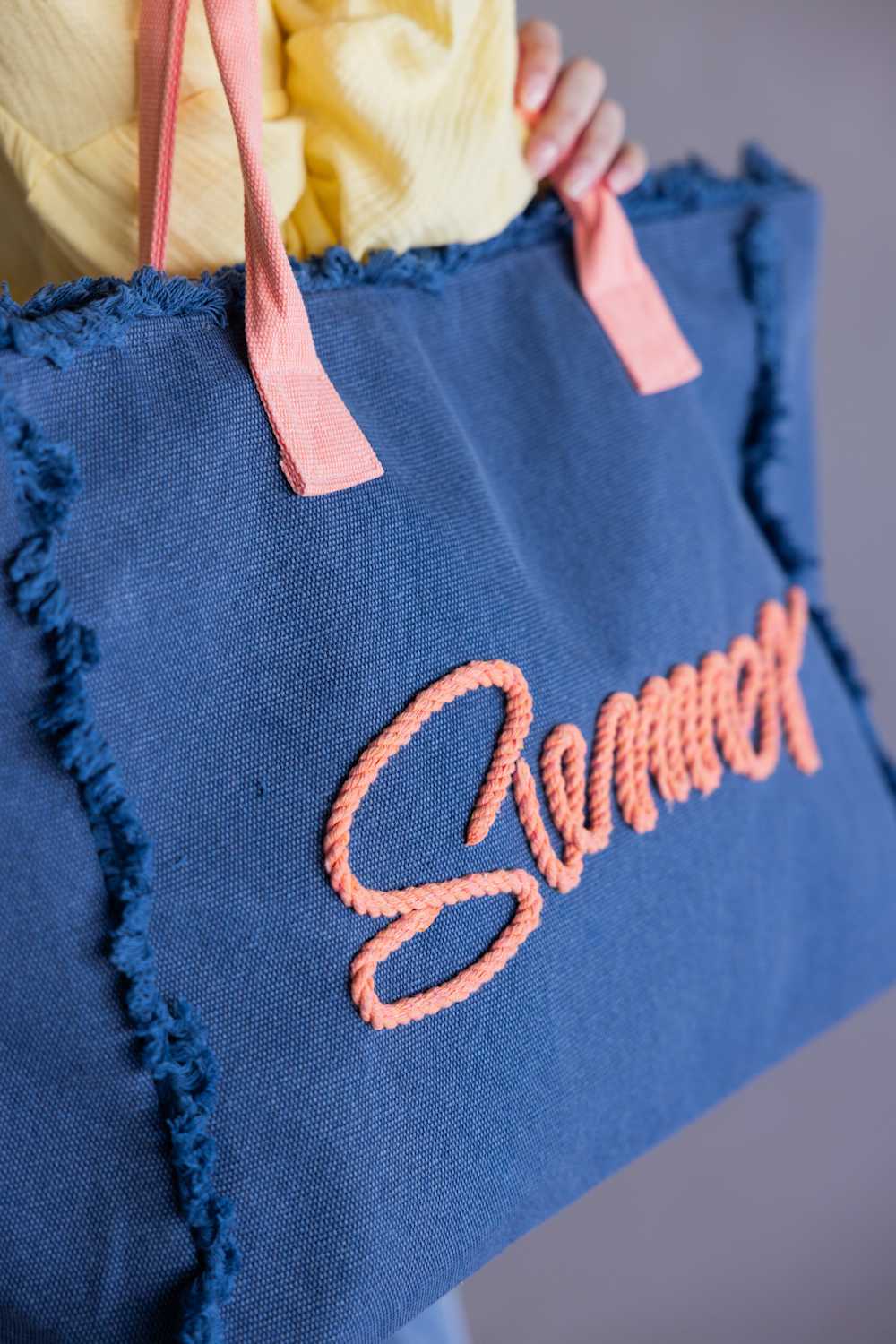 Summer Rope Canvas Tote Bag in Navy/Pink