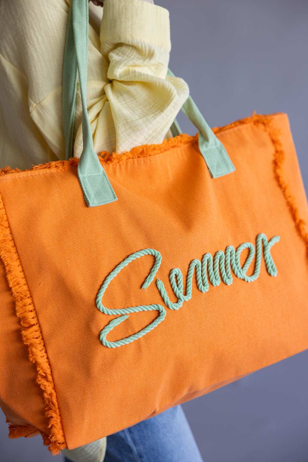 Summer Rope Canvas Tote Bag in Orange/Mint