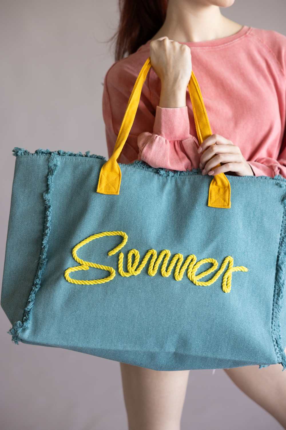 Summer Rope Canvas Tote Bag in Teal/Yellow