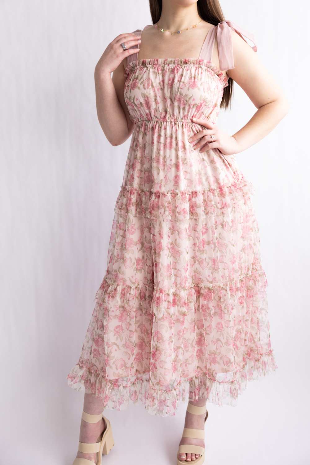 Blu Pepper Tiered Printed Floral Midi Dress for Women in Pink