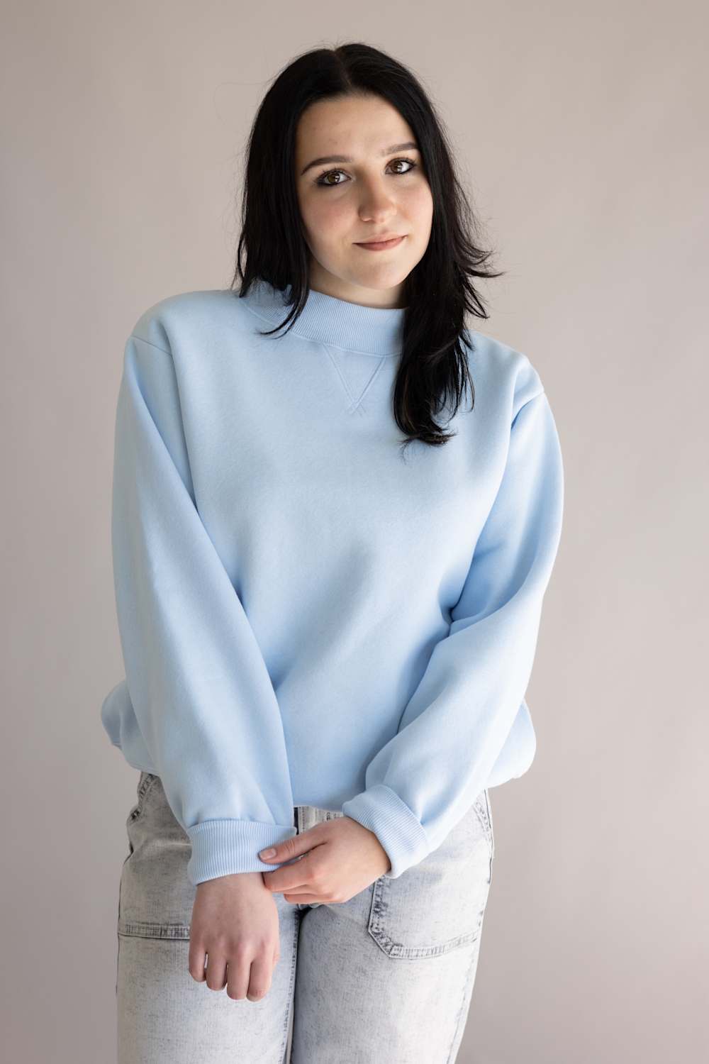 Things Between Mock Neck Fleece Pullover for Women in Baby Blue