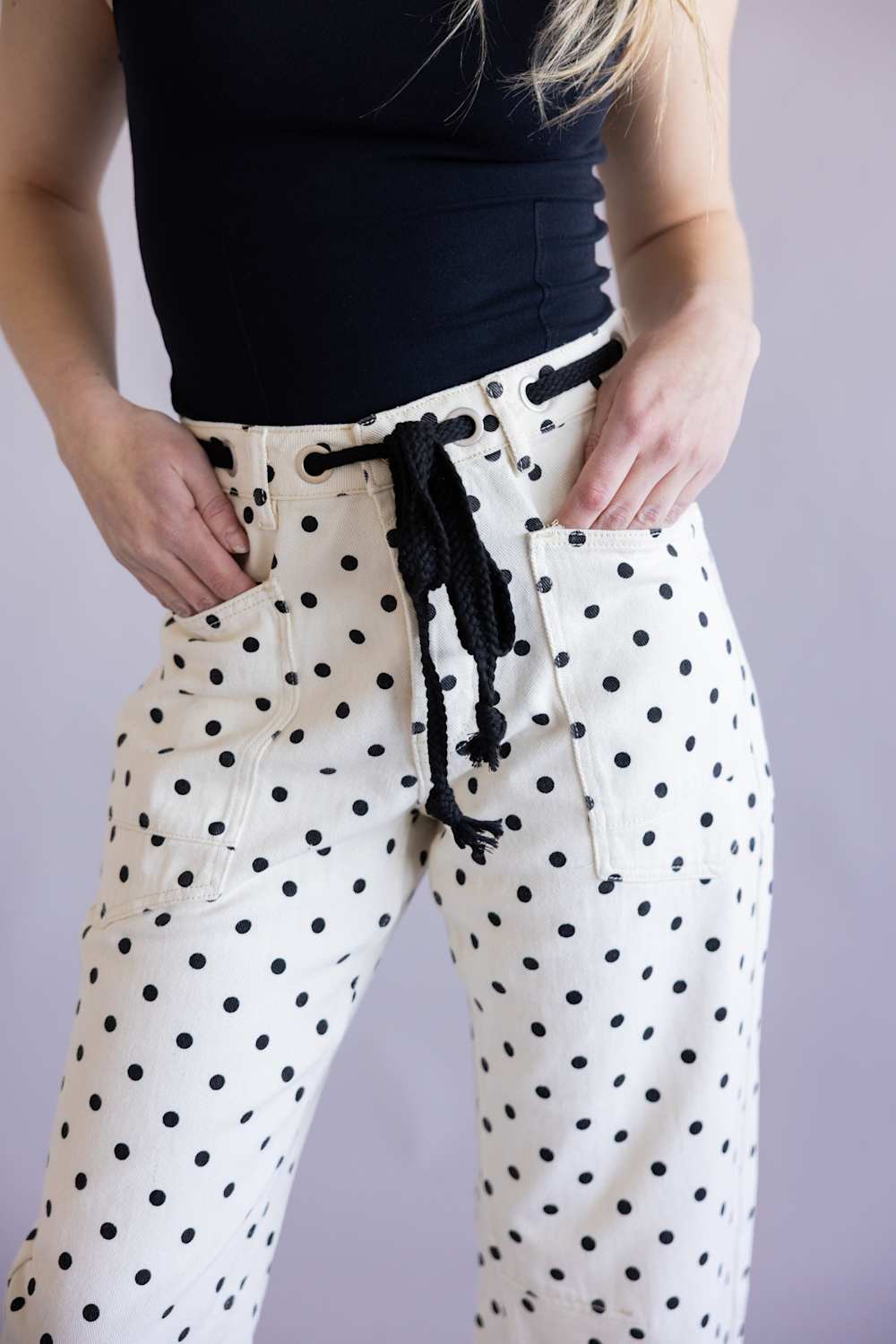 Aaron & Amber Drawstring Polka Dot Barrel Jeans for Women in Cream