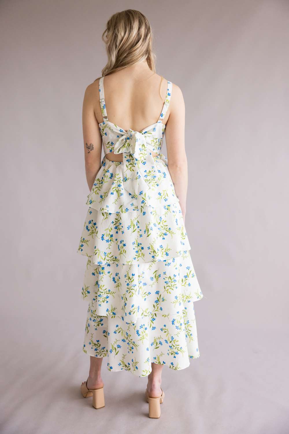 Tiered Floral Back Tie Maxi Dress for Women in White