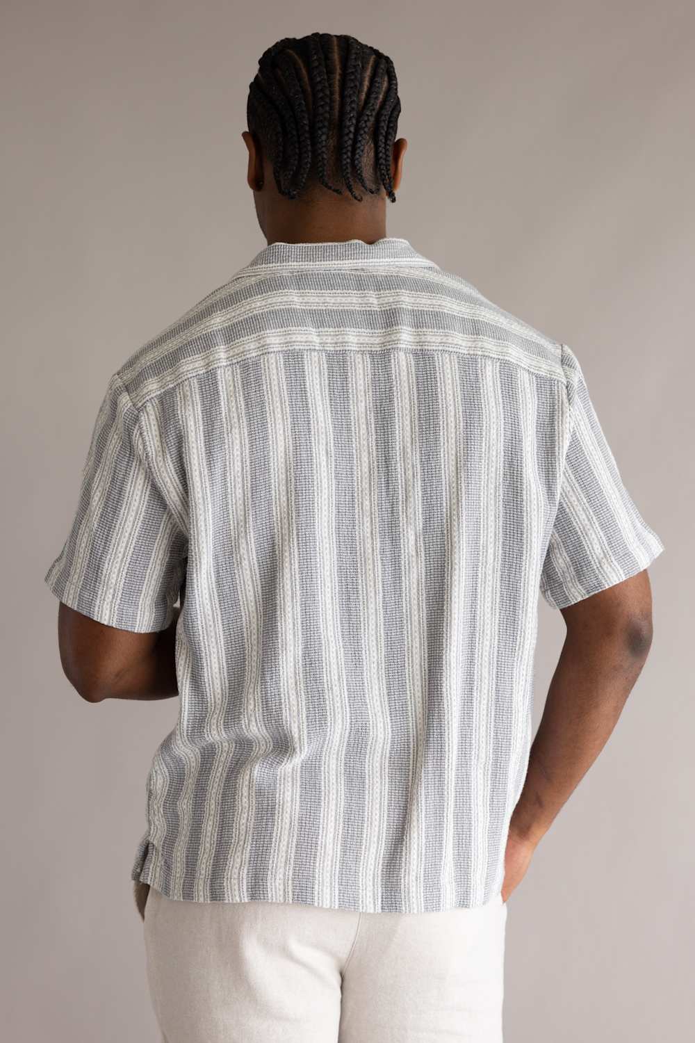 Denim & Flower Crochet Textured Button Up Shirt for Men in Grey/White