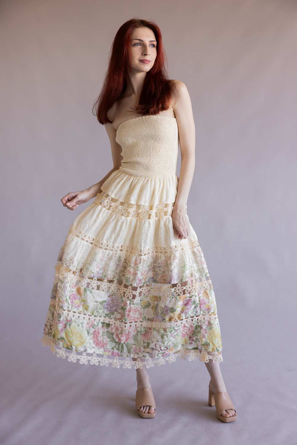 Floral Eyelet Lace Strapless Midi Dress for Women in Cream/Multi