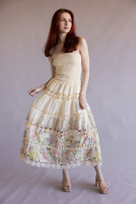 Floral Eyelet Lace Strapless Midi Dress for Women in Cream/Multi