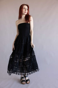 Eyelet Lace Strapless Midi Dress for Women in Black
