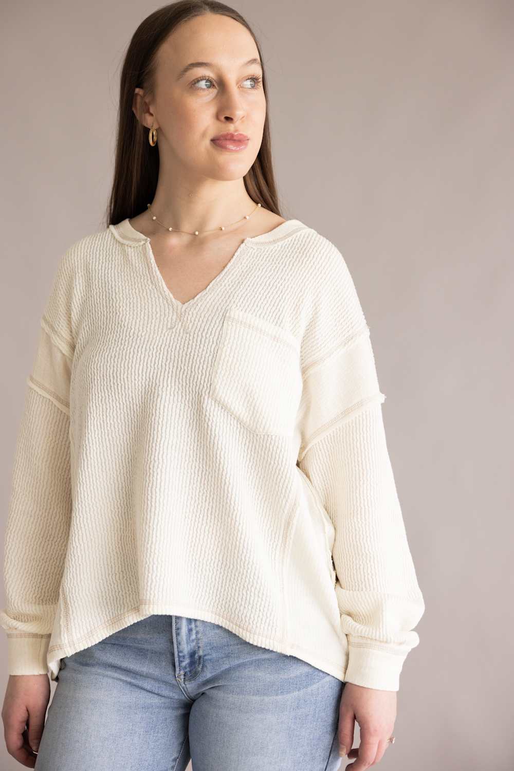 Notched V-Neck Knit Top for Women in Ivory 